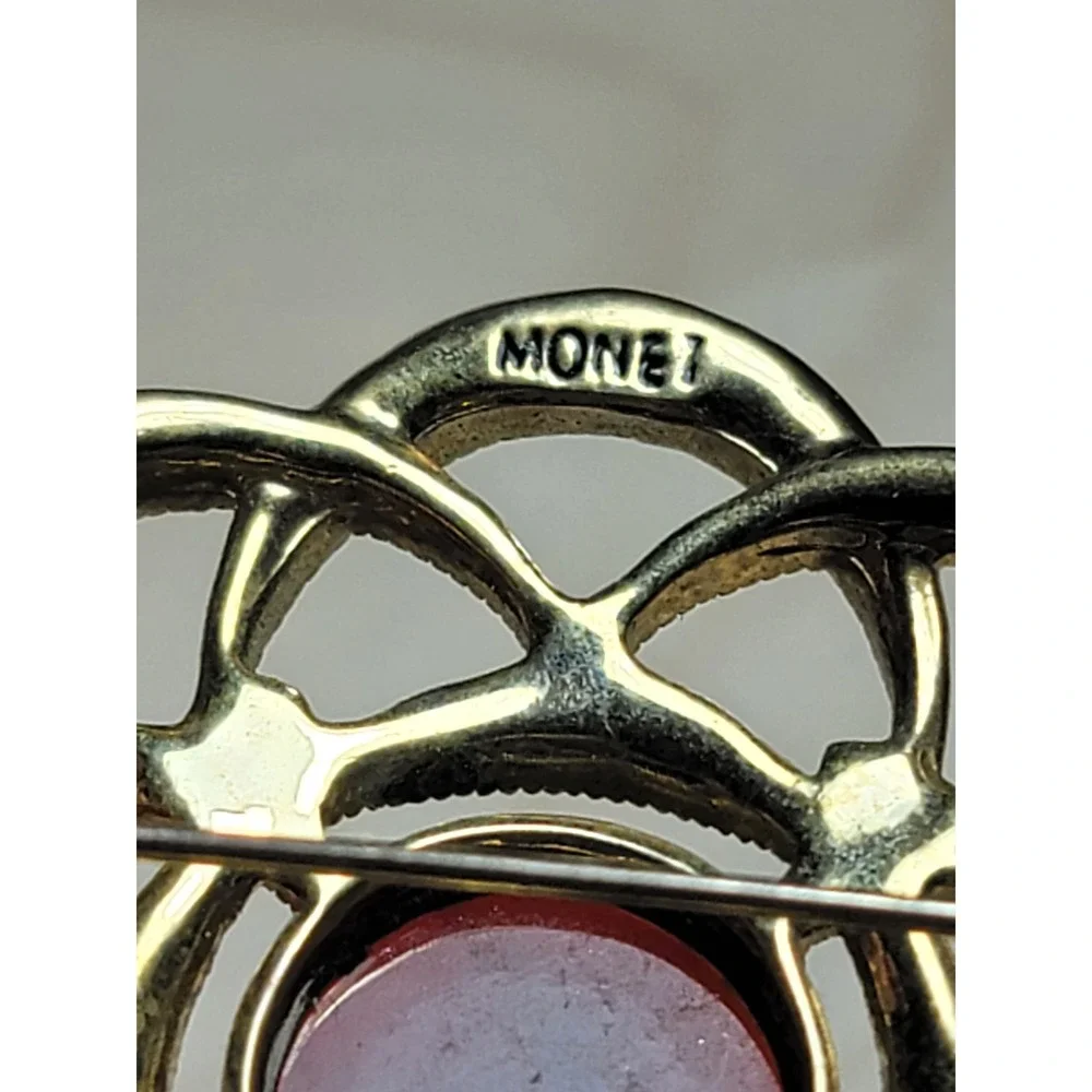 Vintage Monet Silver Tone Filigree Red Glass Brooch 1930s-1955s
